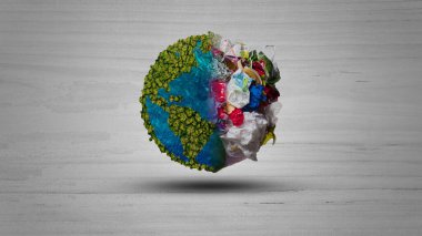 Plastiklere karşı Gezegen, 2024 Dünya Günü konsepti 3D ağaç arka planı. Ekoloji konsepti. Beyaz arkaplanda izole edilmiş dünya haritası çizimi ve yaprakları olan tasarım. 