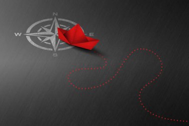 Kırmızı Kağıt Tekne Pusula Üzerinde Küçük Beyaz Tekneler Filosu - İş Liderliği Konsepti