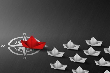 Kırmızı Kağıt Tekne Pusula Üzerinde Küçük Beyaz Tekneler Filosu - İş Liderliği Konsepti