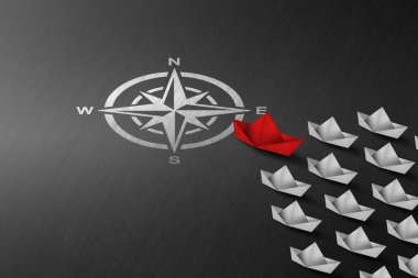 Kırmızı Kağıt Tekne Pusula Üzerinde Küçük Beyaz Tekneler Filosu - İş Liderliği Konsepti