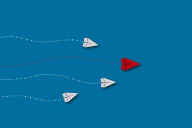 Kağıt uçağın yeni yönündeki iş rakibi avantajı, rakip şahsın üç boyutlu render vektöründe yeni bir rekabetçi çözüm için farklı yönleri göstermesi. Yeni fikirler için liderlik yarışması.