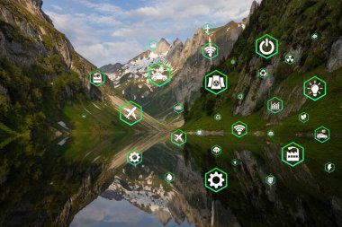 Çevre dostu taşımayı simgeleyen yeşil ormandaki hava manzaralı araba. Elektrikli sürüş modunda temiz ve seradan arındırılmış yeşil ulaşım kavramı.