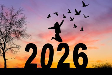 Mutlu yıllar - Manzara arka plan panoraması 2026 - Dağların siyah silueti ve insanın yıl tutuşu ile nefes kesici manzara, gün doğumunda