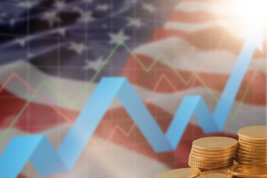 Mali eğilimi analiz etmek için borsa yatırımları finans, para ve ABD bayrağı ticareti