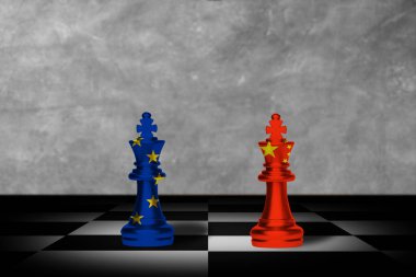 Çin ve AB işbirliği kavramı. Satranç Çin ve Avrupa Birliği bayrakları askerler bir satranç tahtası üzerinde piyonlar. 3D çizim