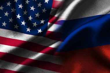 Amerika Birleşik Devletleri ve Rusya bayrağı - bu iki ülke arasındaki ortaklık, anlaşma veya ticaret duvarı ve ihtilafı gösteriyor
