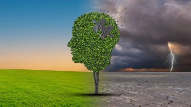 Baş beyin zihinsel sağlık sembol kavram bulmaca. İnsan kafası şeklinde ağacında mavi gökyüzü arka plan üzerinde kesip eksik parça ile yüz profili.