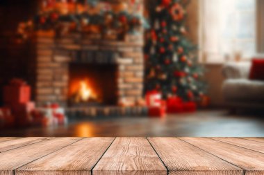 Ürün görüntüleme montajı için odak dışı noel ağacı olan boş noel masası arkaplanı