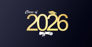 2026 sancak sınıfının parlak çokgen altın mezuniyet şapkalı fütüristik mezuniyet konsepti.