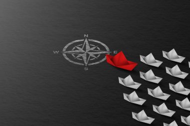 Pusula üzerindeki kırmızı kağıt tekne, küçük beyaz teknelerden oluşan bir filoya önderlik ediyor. İş Liderliği Konsepti. Ana akım ve Yönü Değiştirme 'den ayrılıyorum. Girişimci. İş Fırsatı