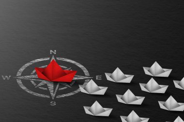 Pusula üzerindeki kırmızı kağıt tekne, küçük beyaz teknelerden oluşan bir filoya önderlik ediyor. İş Liderliği Konsepti. Ana akım ve Yönü Değiştirme 'den ayrılıyorum. Girişimci. İş Fırsatı