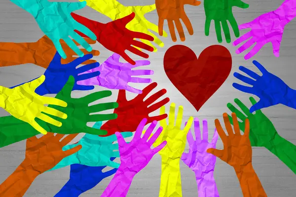 Dünya çeşitliliği ya da dünya günü ve uluslararası kültür çeşitlilik kavramı ve çeşitli ellerin kırmızı kalbi bir arada tutması olarak kalabalık işbirliği sembolü.