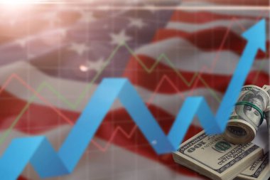 ABD 'de kriz, yükselen enflasyon, doların değer kaybı ve ekonomi. Amerikan bayrağıyla borsa ticaret grafiği zarar gördü. ABD ekonomisindeki durgunluk etkisi