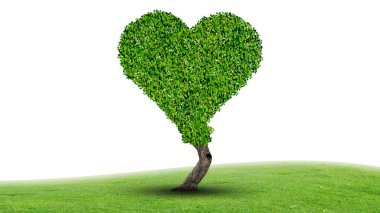 Dünya çevre günü konsepti, taze bir çayırda kalp şeklinde ağaç.