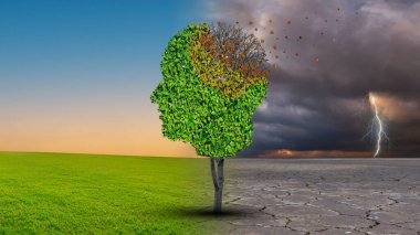 Akıl düşüş kavramı olarak insan kafası ve beyin kaybetme yaprakları şeklinde bir ağacın tıbbi simgesi olarak Demans ve Alzheimer hastalığı nedeniyle hafıza kaybı ile beyin hastalığı.