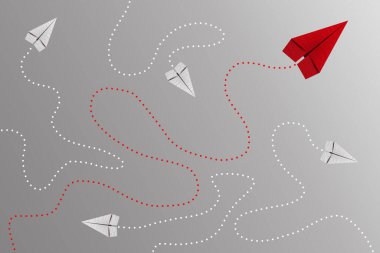 Kağıt uçak liderlik konsepti - kırmızı kağıt uçak diğer yöne gidiyor..