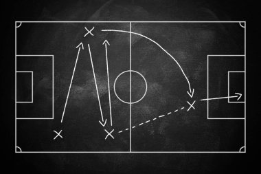 Futbol, futbol taktikleri siyah tahtada izole edilmiş, karatahta deseni