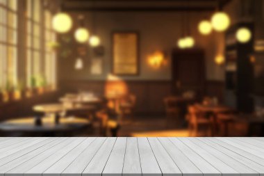 Bulanık kafenin veya restoranın önündeki boş ahşap masa. Soyut ışıklar bokeh arkaplan, ön görünüm, ürün için boş alan.