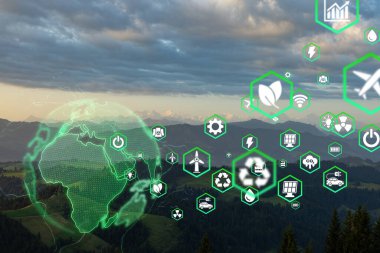Yeşil ormanda ESG, CO2, dairesel şirket ve net sıfır ikonu olan cam küre. Yeşil şirket kavramında sürdürülebilir iş için teknoloji, çevre, toplum ve yönetim..