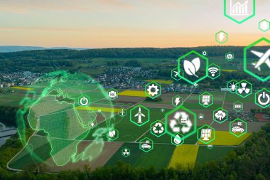 Yeşil ormanda ESG, CO2, dairesel şirket ve net sıfır ikonu olan cam küre. Yeşil şirket kavramında sürdürülebilir iş için teknoloji, çevre, toplum ve yönetim..