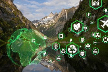 Yeşil ormanda ESG, CO2, dairesel şirket ve net sıfır ikonu olan cam küre. Yeşil şirket kavramında sürdürülebilir iş için teknoloji, çevre, toplum ve yönetim..