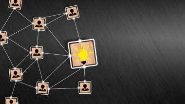 Takım çalışması ve yaratıcı fikir geliştirme. Beyin fırtınası. İş dünyasında yaratıcı işbirliği. Ekip üyeleri ahşap küplerdeki ampul sembolüyle birleşiyor..