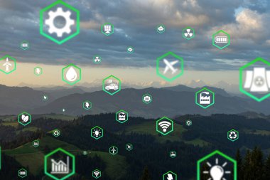 Çevre. Yeşil ormanda yosun üzerinde kristal küre. sembolik bir ikon vardır: Çevre, Ekoloji, Dünya Günü, Orman Koruma, CSR, ESG, NET ZERO