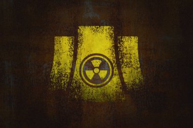 Nükleer savaş temalı vektör pankartı, nükleer santral felaketi, piksel arka planında radyasyon tehlikesi işareti olan kirlenme ve şehir manzarası. Kullanılan yapay zeka yok.