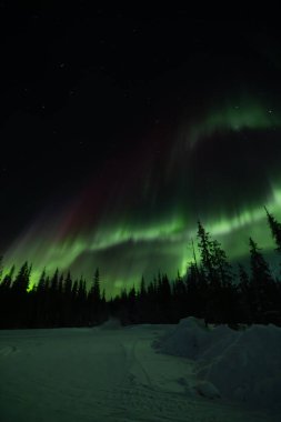 Muhteşem aurora borealis (Kuzey ışıkları) Finlandiyalı Lapland bir karlı kış manzara üzerinde.