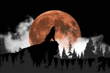 Uluyan kurdun silueti koyu tonlu kan arka planına ve dolunaya karşı ya da dolunayda uluyan kurt siluetine karşı. Cadılar Bayramı korku konsepti.