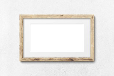 Ahşap çerçeve modelleri farklı boyutlarda ve beyaz mat kenar çerçeveleri ışık duvarında. Fotoğraf, resim veya galeri dekorasyonu için gerçekçi kahverengi dikdörtgen kenarlar koleksiyonu.