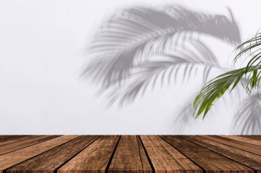 Boş ahşap masa tezgahı, tropikal palmiye ağaçlı benekli güneş ışığı, yeşil duvarda yaprak gölgesi lüks organik kozmetik, cilt bakımı, güzellik ürünleri arka planda 3 boyutlu.