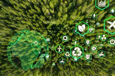 Yeşil ormandaki ikonlu ormanlar - çevre esg kavramı, ekoloji ve dünyanın sürdürülebilir çevresi. Çevre dostu yeşil iş. Ekoloji, Dünya Günü, CSR ve net sıfır