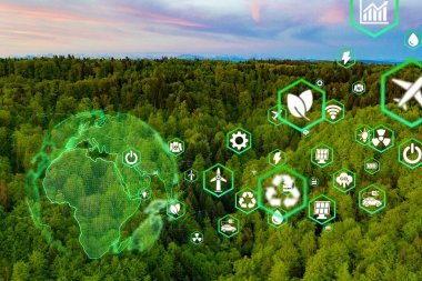 Yeşil ormandaki ikonlu ormanlar - çevre esg kavramı, ekoloji ve dünyanın sürdürülebilir çevresi. Çevre dostu yeşil iş. Ekoloji, Dünya Günü, CSR ve net sıfır