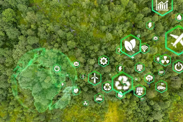 Yeşil ormandaki ikonlu ormanlar - çevre esg kavramı, ekoloji ve dünyanın sürdürülebilir çevresi. Çevre dostu yeşil iş. Ekoloji, Dünya Günü, CSR ve net sıfır