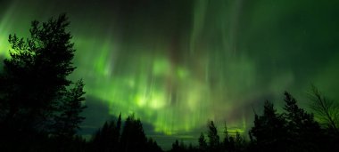 Kuzey ışıkları, gece gökyüzündeki Aurora Borealis Lapland, Finlandiya 'daki donmuş göl üzerinde.