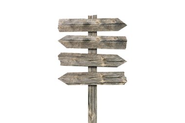 Boş ahşap yön işareti izole edilmiş. Bilgi ya da reklam mesajı için ahşap direğin üzerindeki eski tip kereste tabelaları.