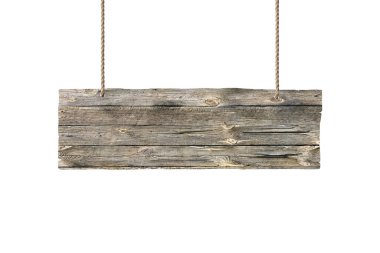 Beyaz izole arkaplanda ahşap tabela asılıyor