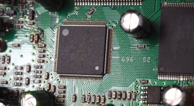 Mikroçip devresini kapat. Dijital elektronik veya yüksek teknoloji konsept kapak resmi veya arka plan. 