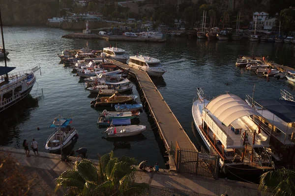 stock image Historical buildings and fishing boats at Kaleici, old Antalya town.