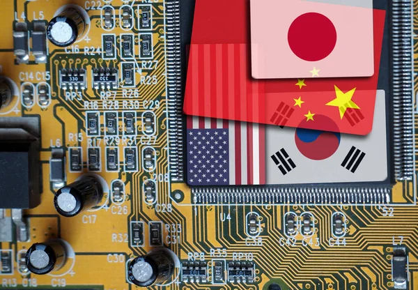 stock image Semiconductor chip, processor and CPU producer countries of the World. Flags of , Korea, China, USA and Japan on the microchip.  