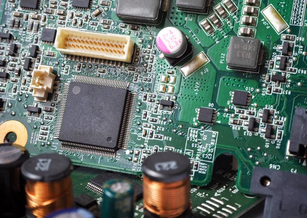 Fundo Alta Tecnologia Com Textura Placa Circuito Microchip Componentes Eletrônicos — Fotografia de Stock