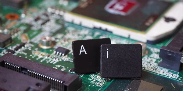 Micro-chip and Ai technologies concept header. Digital electronic banner. Micro processor background. AI hardware-software instalation. Devices powered by Artificial intelligence.