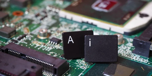 Ai destekli aygıt konsept başlığı. Yapay zeka ve akıllı sistemler. Yapay zeka teknolojisi ve çipleri.