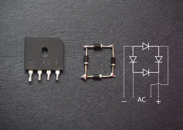 Yarı iletken AC-DC dönüştürücü bileşeni. Köprü-diyot ve köprü-diyot şeması. 