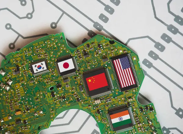 World electronic chip industry. Microchip, processor and CPU producer countries in the World. Flags of USA, India, Japan, China and Japan on the chips.