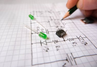 Hand drawn electronic circuit diagram and semiconductor components. Project planning, design and production in electric - electronic industry. Selected focus. clipart