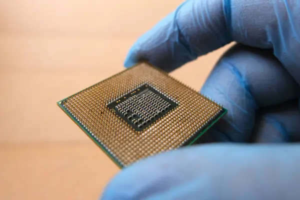 stock image Close up of a technical staff holding a CPU or microprocessor