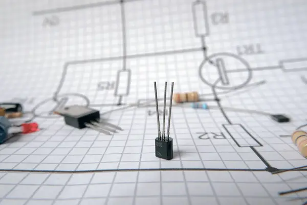 Elektronik bileşenler transistör ve dirençle devre diyagramında duruyor. Transistörde Foscused.