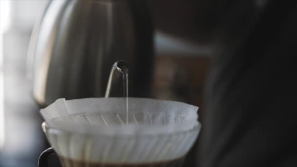 Barista Pours Water Coffee Filter — Stock Video